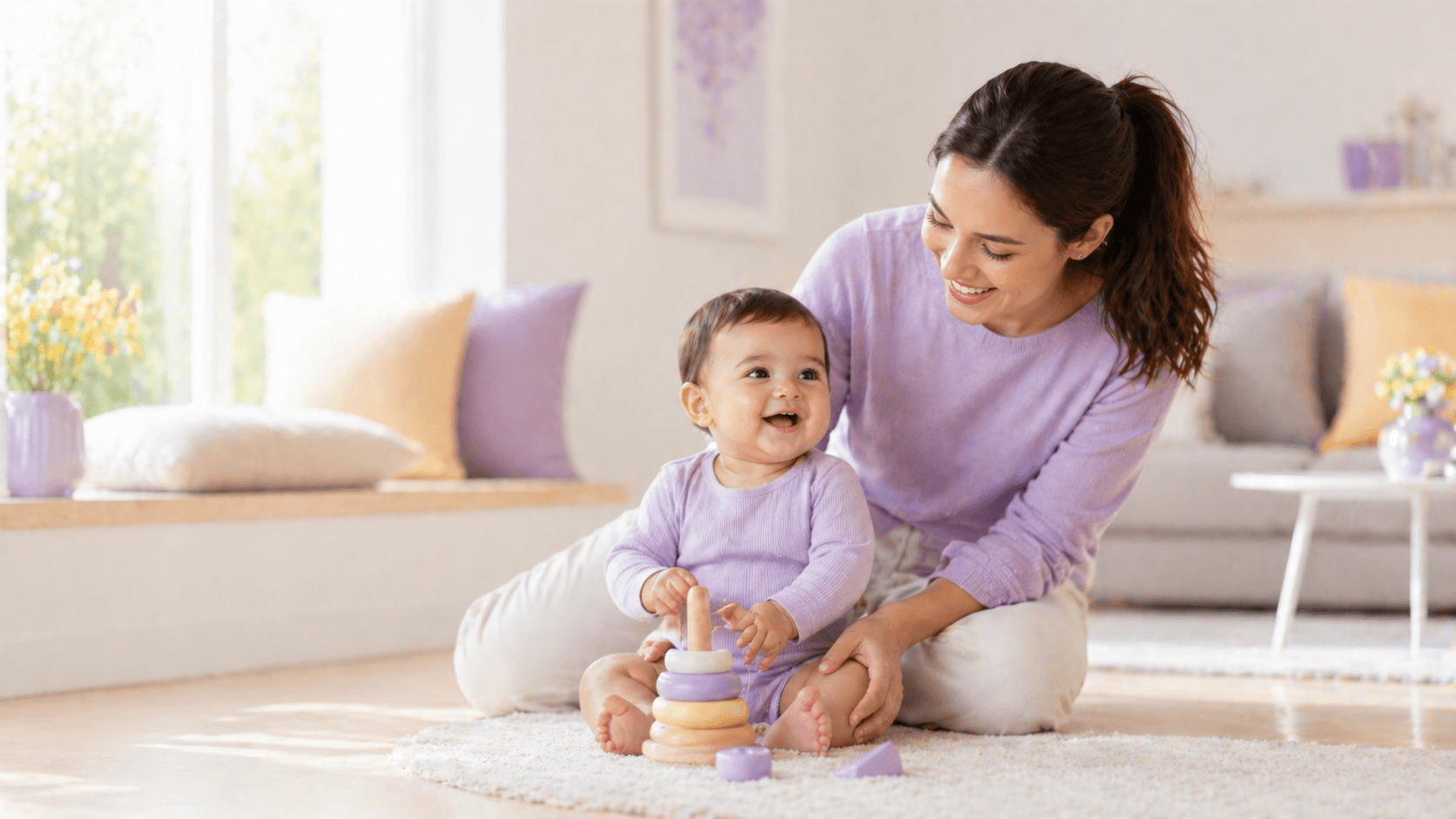 Happy mother holding and playing with her baby