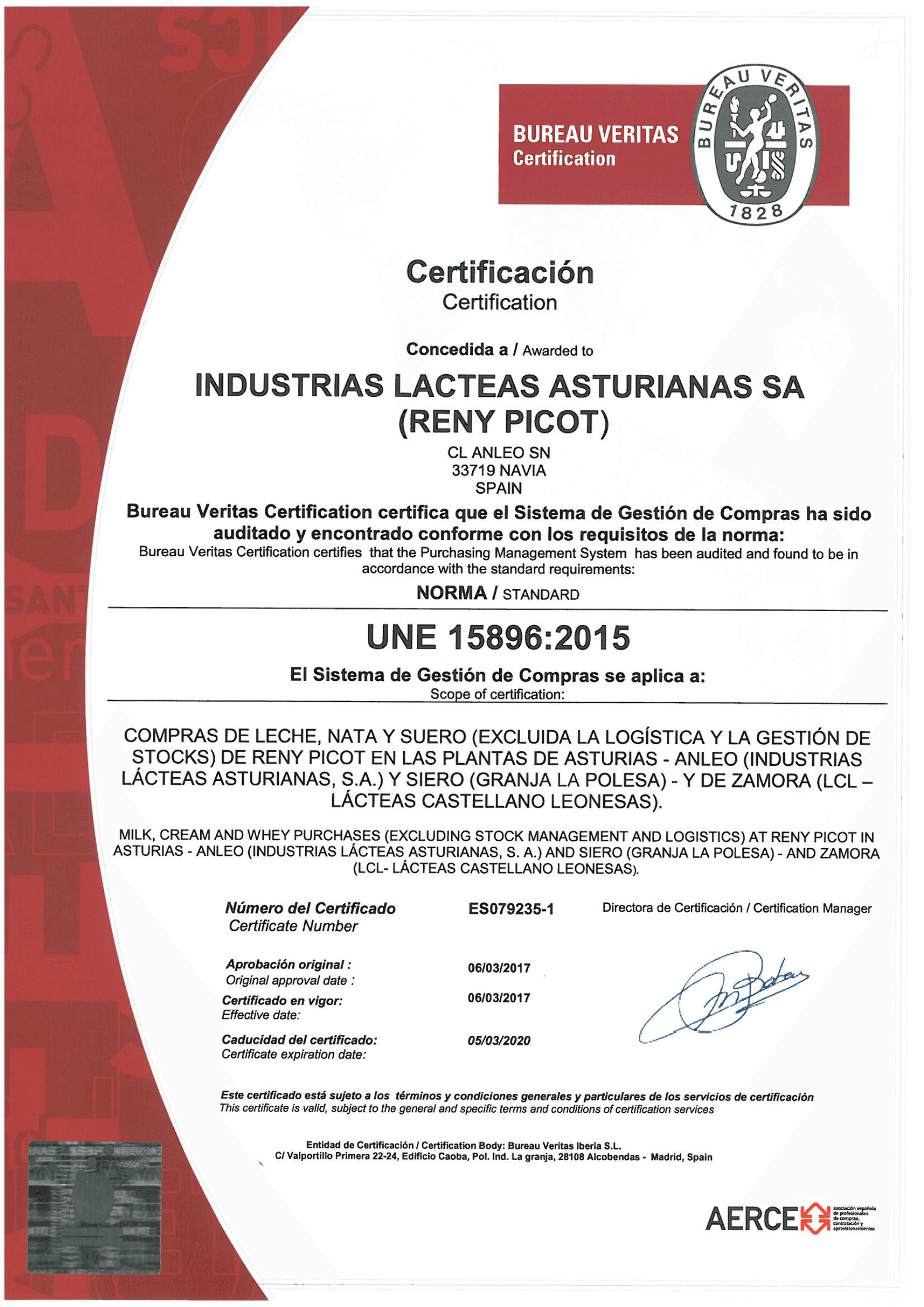 UNE 15896:2015 — Certificate of Excellence