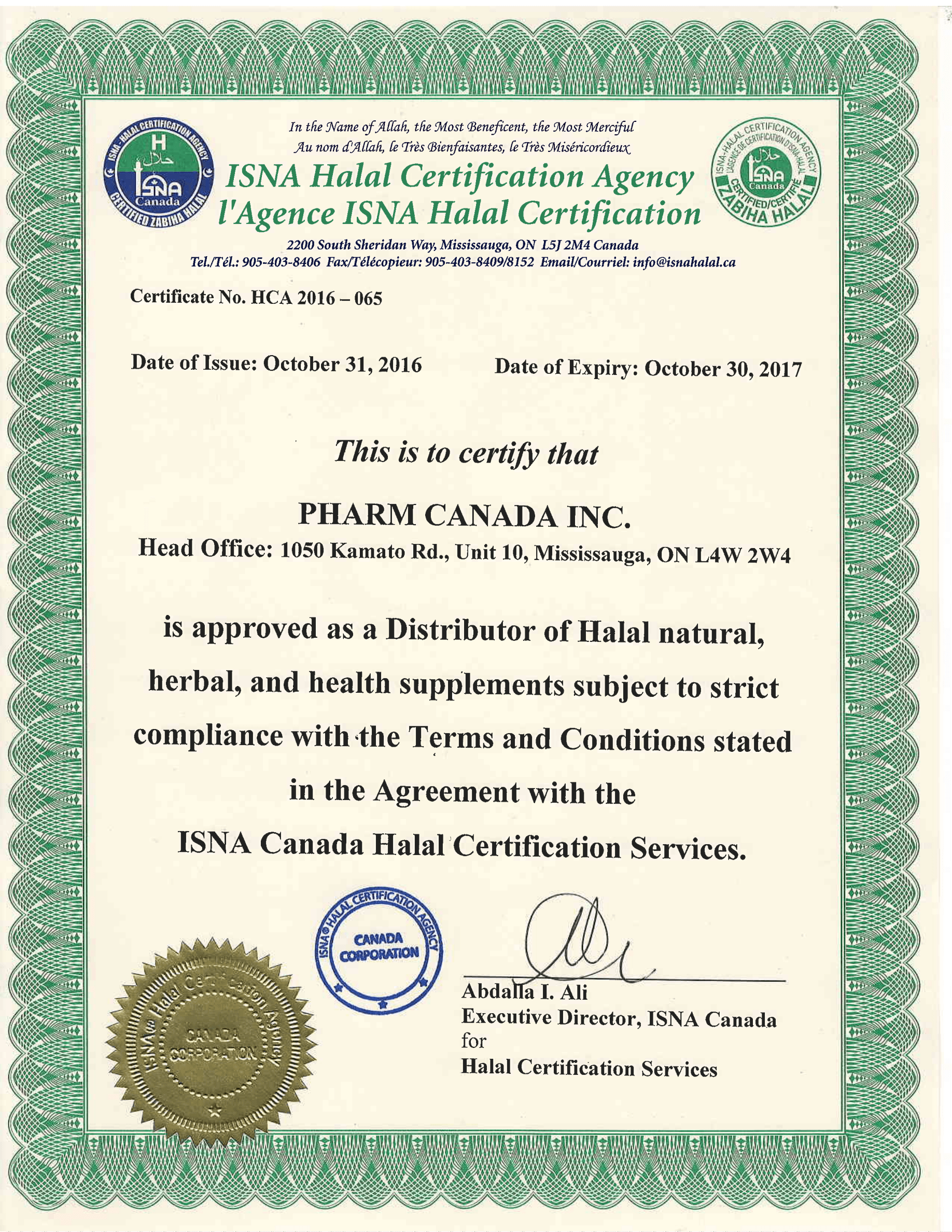 Pharm Canada Halal Certificate